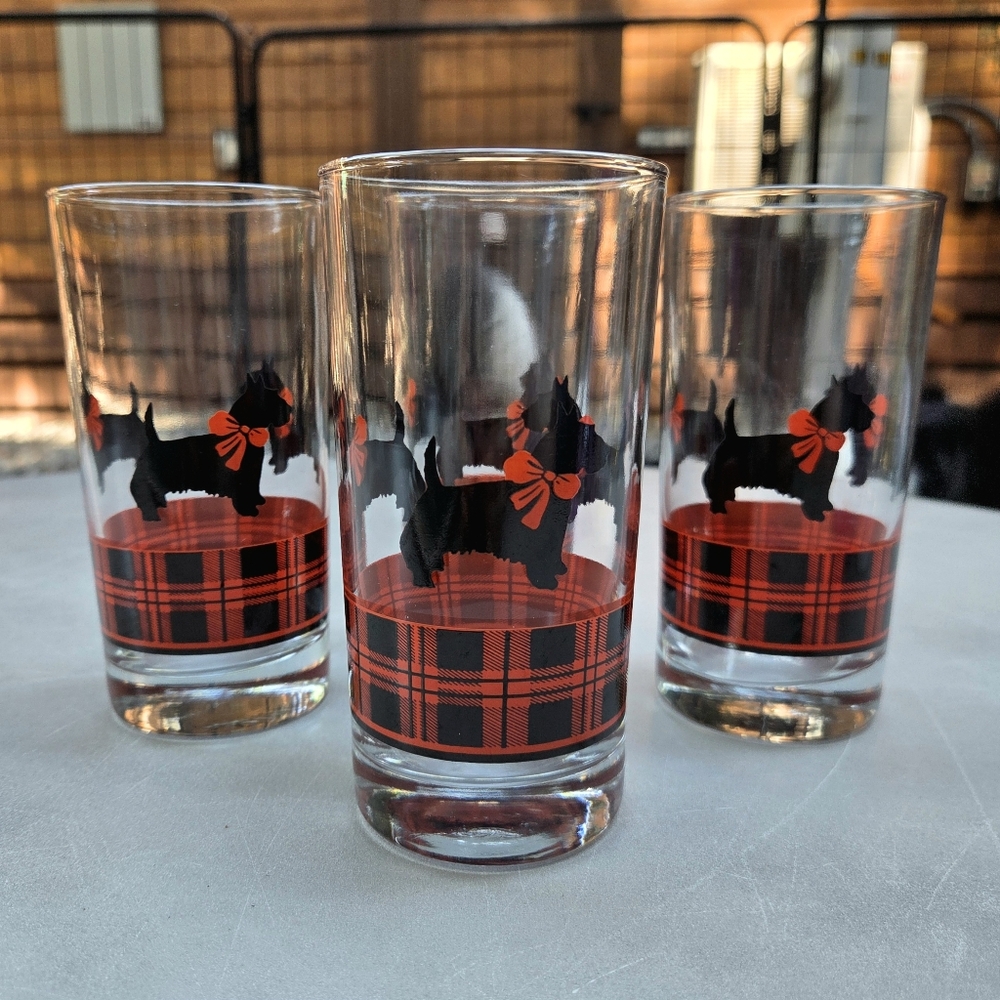 Anchor Hocking Fitz Scotty Dog Plaid Great Vtg Condition Water Glasses- Set Of 4